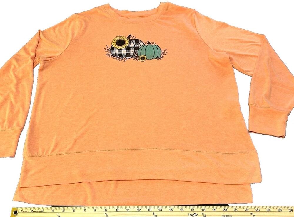 Way To Celebrate Fall Pumpkin Sunflower Long Sleeve Orange Tee Shirt Women's XL